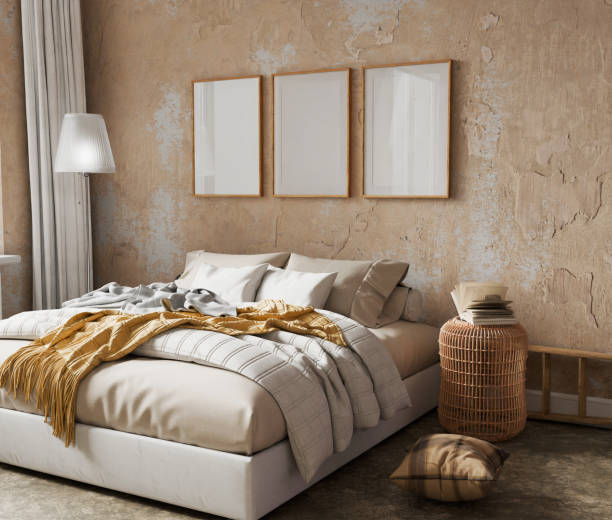 istock Interior bad room mockup frame, cement wall poster empty in home design, vintage style in home design, interior design element mockup, blank frame 3d render 2192886534