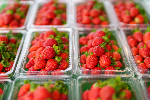 Fresh Strawberries in Plastic Containers, Market Display