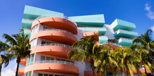istock Architectural building. Art deco. Architectural district Art Deco. Modern building of Miami beach. Ocean drive. Miami Beach in Ocean Drive Florida. Shape and color. Art Deco building architecture 2192900052