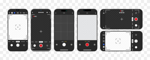 stockillustraties, clipart, cartoons en iconen met smartphone camera interface: photo and video ui for mobile apps. viewfinder, grid, focus, and record buttons. vector mockup for photography and selfies. vector. - camera