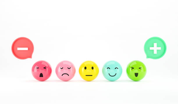 Emotion feedback scale. Includes such emoticon as angry, sad, neutral, joy and happy expression, arranged into a horizontal row. Customer's service and evaluation review sign.