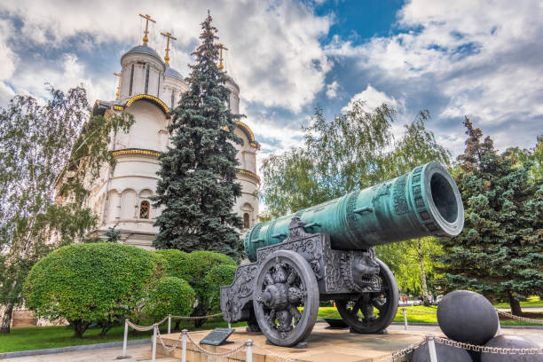 King Cannon, Tsar Cannon, in Moscow Kremlin. Famous monument Tsar-pushka or Tsar-cannon in Kremlin park, Moscow, Russia