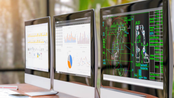 istock 3D render: View of engineer's desktop with computer monitor 2192919340