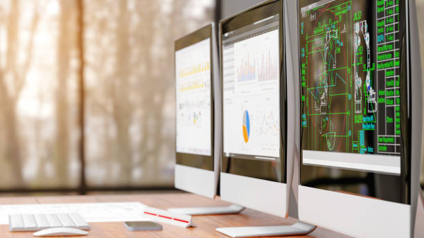 istock 3D render: View of engineer's desktop with computer monitor 2192919939