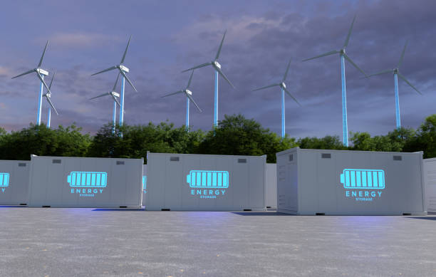 istock Energy Storage Systems and Wind Turbines for Green Power, Wind Turbines and Battery Storage. 3D illustration 2192920011