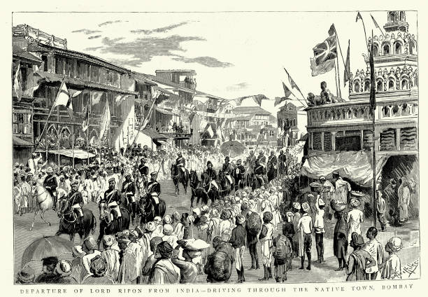 Imperialism, British Empire, Lord Ripon driving through Bombay, India, Victorian vintage illustration 1880s, 19th Century