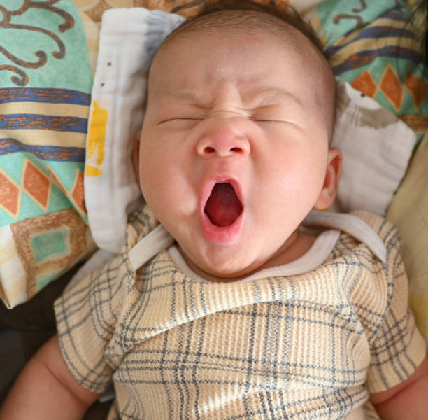 Close up portrait of adorable newborn baby boy waking up from sleep yawning.