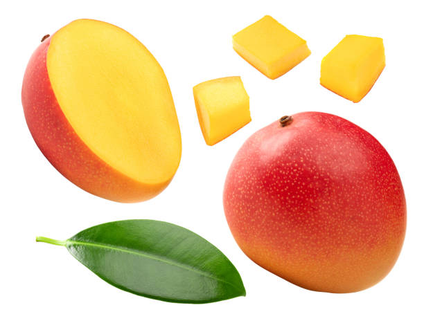 istock mango with slices and green leaves isolated on white background. clipping path 2192923469