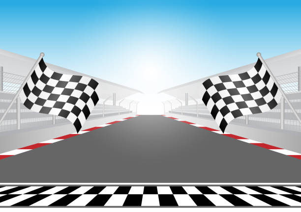 istock Checkered Flag in Hand Waving in Sport Racing Track Stadium. Racing Track with Start or Finish line. Race track road. 2192924013