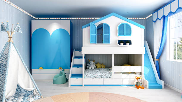 istock Charming Blue-Themed Boys' Bedroom Interior with Cozy Decor and Playful Details, 3D Rendering 2192929247