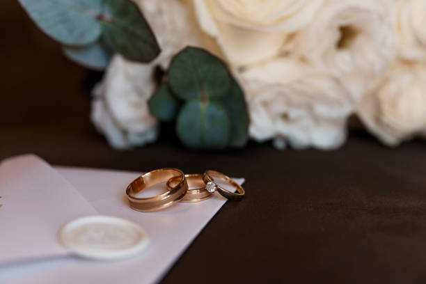 istock Elegant Wedding Rings Resting on a Soft Surface with Delicate Flowers in Background 2192932767