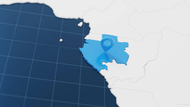 Blue Gabon 3d map with pointer pin surrounded with other countries in white. Political map with borders. 3d render illustration.