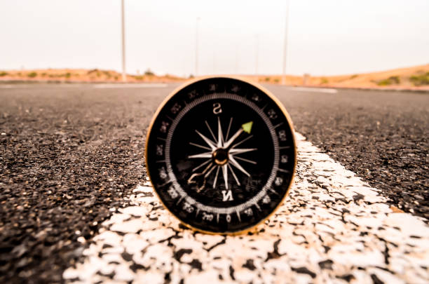 istock A compass is sitting on the road, with the needle pointing to the right 2192938127