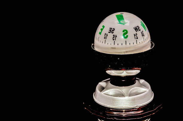A white and green compass sits on a black background. The compass is pointing to the west. Concept of direction and guidance