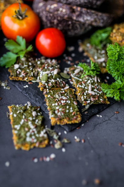istock Healthy snack - homemade bread and basil pesto 2192942809