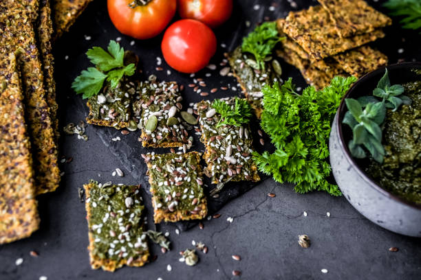 istock Healthy snack - homemade bread and basil pesto 2192942848