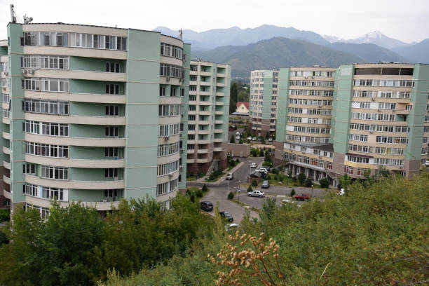 Several residential buildings in a huge residential district at Mustafina Street in Almaty City. Captured during summer season.