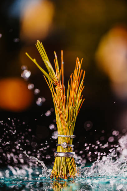 Macro shot of engagement and wedding rings elegantly placed on a bundle of grass with dynamic water droplets splashing around creating a captivating and artistic scene. Color editing. Part of a series.