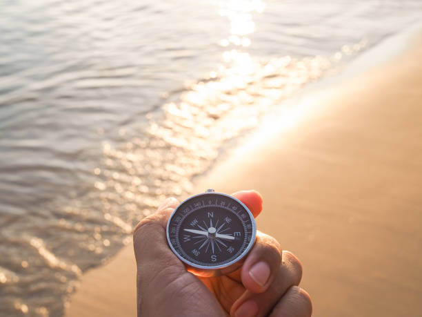 istock Close up hand holding compass with beach background in the sunset time 2192948744