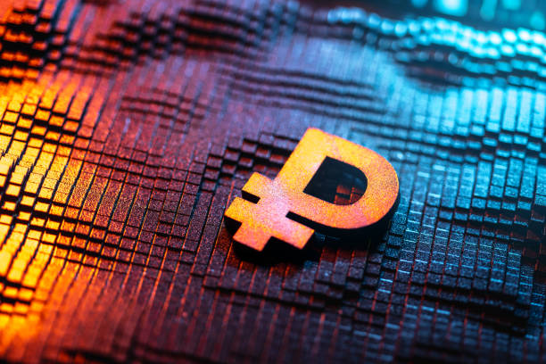 A glowing currency symbol representing the financial concept of cryptocurrency, placed on a detailed textured background with colorful lighting effects, symbolizing technology and modern finance systems.