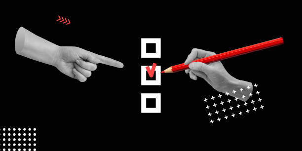 istock Hand with red pencil marks checkbox, guided by another hand with pointing finger. Choice, decision, and external influence concept. Minimalistic art collage 2192952244