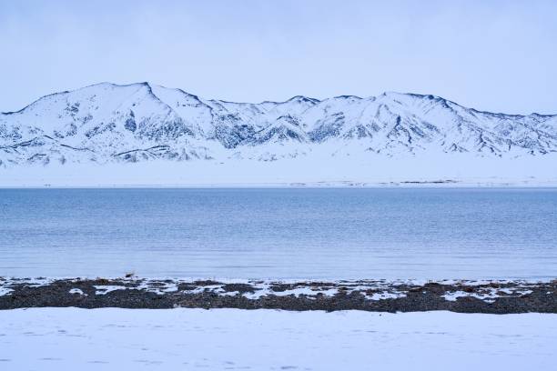A serene winter landscape of a snowy mountain range and frozen lake under a clear sky.