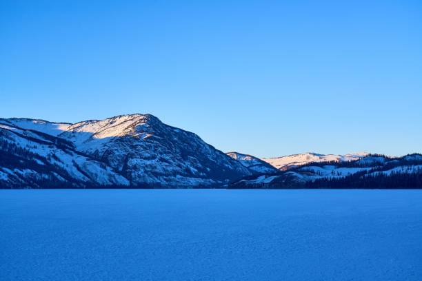Scenic winter landscape of snow-covered mountains under a clear blue sky, capturing the serene beauty of a frozen lake.