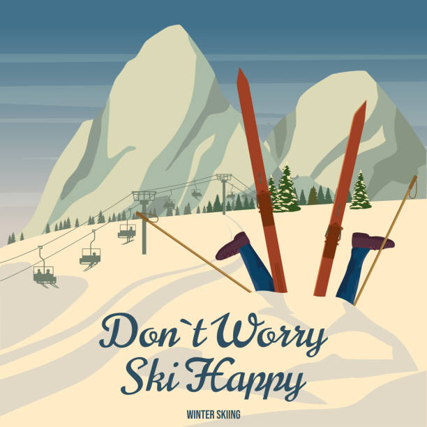Male skier fell into snow drift, funny situation humor. Resort poster, Alps Winter travel card, skier going down the slope, vintage. Vector illustration