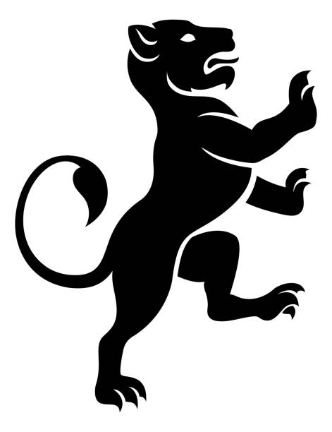 A female lion lioness or other big cat such as a leopard panther, jaguar, or cougar rampant from a heraldic heraldry crest.