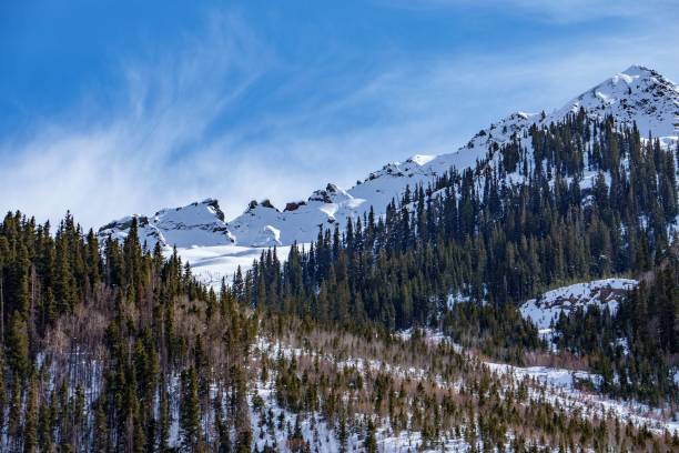 istock Snowy mountain peaks and pine forests. 2192964297