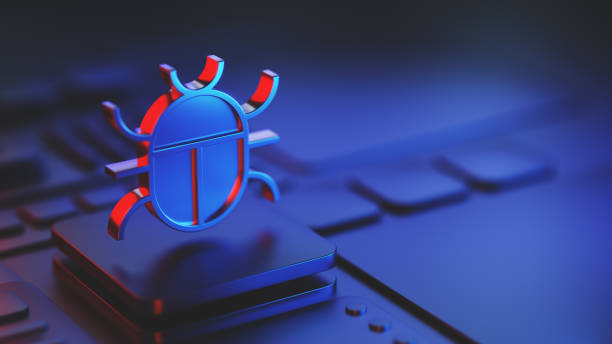 Close-Up of Cybersecurity Concept with Bug Over Circuit Board Symbolic image of a digital insect representing a computer bug or malware over circuit board technology. Highlights the concept of cybersecurity threats and the importance of data protection. debug stock pictures, royalty-free photos & images