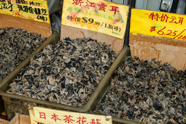 New York, USA. 11 09 2019. Dried cloud ears for sale with their prices at Chung Chow City 1 store at 220 Grand St.