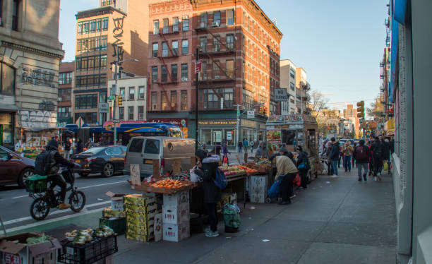 New York, USA. 11 09 2019. Selling vegetables on the street on Grand St. next to Bowery St.
