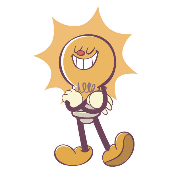 Retro groovy light bulb mascot, cute LED cartoon character