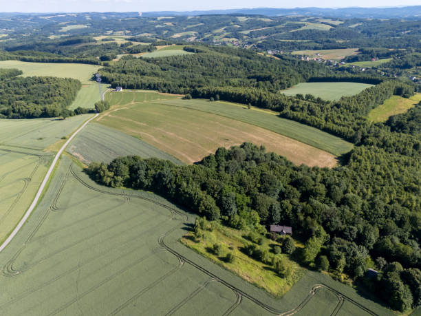istock Aerial view of lush green fields and forests under a clear blue sky 2192994617