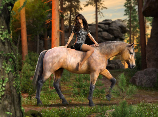 A beautiful woman rides a horse bareback in a magical forest during sunset, 3d render.