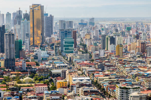 Modern office skyscrapers buildings with residential areas in rapidly developing Phnom Penh central business district panorama, Cambodia