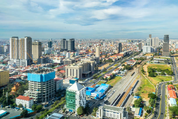istock Modern office skyscrapers buildings with residential areas in rapidly developing Phnom Penh central business district panorama, Cambodia 2193014494