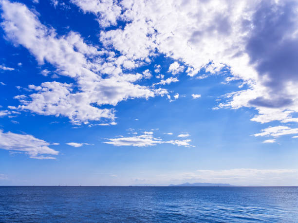 Vibrant blue sky with scattered white clouds over calm ocean waters on a clear day