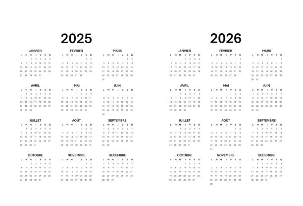 Calendar 2025-2026 French 2025-2026 Annual calendar 2025-2026. Calendrier 2025-2026 Français 2025-2026 Calendrier annuel 2025-2026 Imprimable Calendrier 2025-2026 2026 stock illustrations