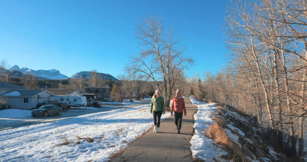 istock Mature couple walk along snowy path in winter 2193018859