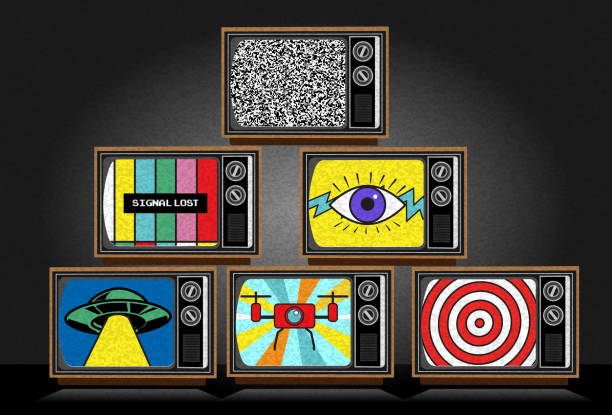 Vector illustration of a Retro Conspiracy Theory survellience fear concept with tv screens recording and watching. Multi-layered effect. Fully editable vector eps and high resolution jpg in download.