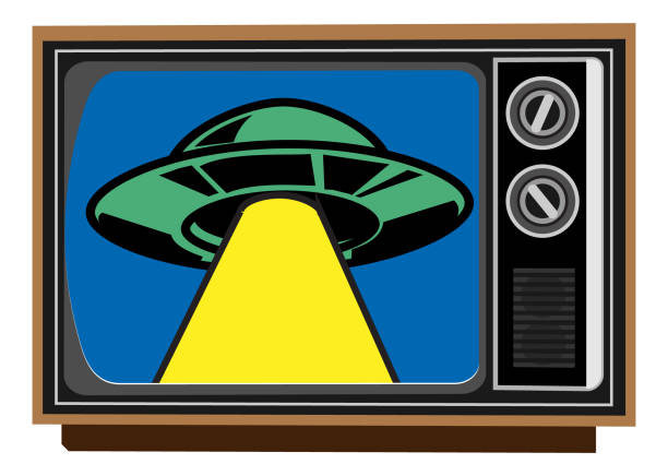 Vector illustration of a Retro tv screen with television UFO alien invasion concept on white background. Fully editable vector eps and high resolution jpg in download.