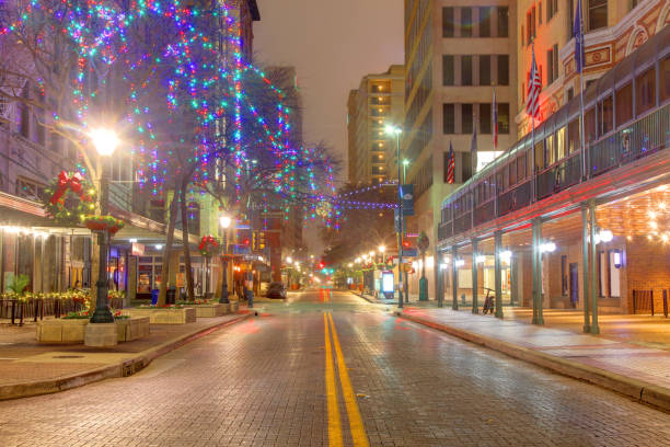 Aerial View of San Antonio, Texas Skyline lit with Festive Colors near Christmas