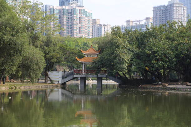 istock A small Chinese-style bridge and pavilion are located in the park, surrounded by trees on both sides 2193031649