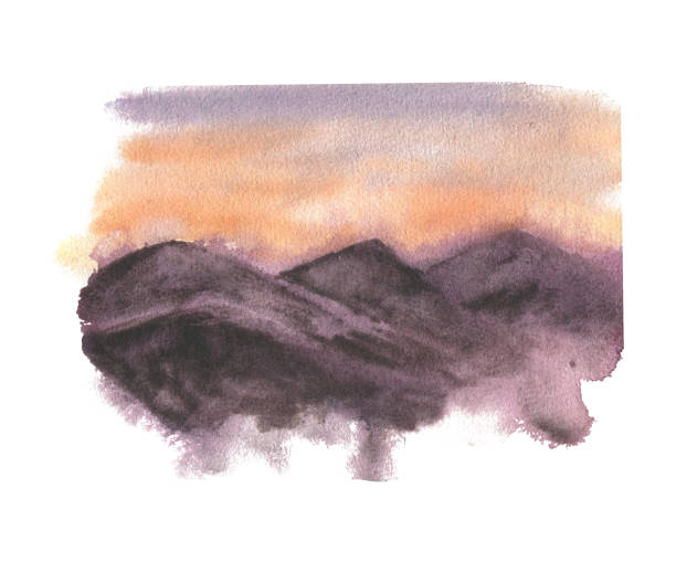 istock Sunset over a misty mountains in chocolate orange watercolor illustration hand painted. Hills shapes in earthy browns and sunrise on dusty pink sky isolated on white. Fog mountains rocky landscape. 2193044873