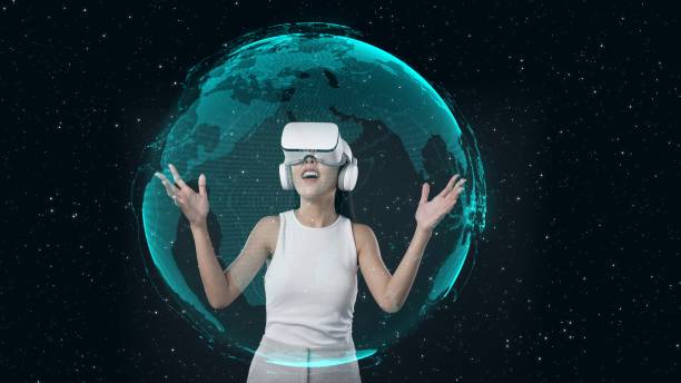 istock Excited Woman in VR interacting rotating digital globe hologram. Hallucination. 2193052226