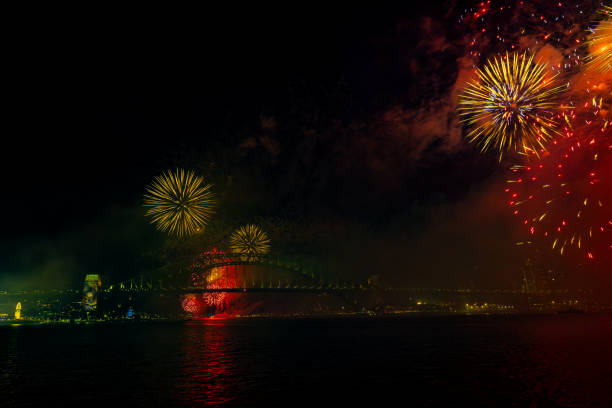 The Sydney New Year's Eve fireworks display is one of the world's largest and most technologically advanced. It's enjoyed by over 425 million people around the world, and is televised and played live to more than 1 million spectators along the Sydney Harbour foreshore.  The Sydney Harbour Bridge has been used as a launchpad for fireworks displays since 1986, and has become an integral part of the city's New Year's Eve celebrations. By 1986 the Sydney Harbour Bridge was used for the first time, featuring the iconic \