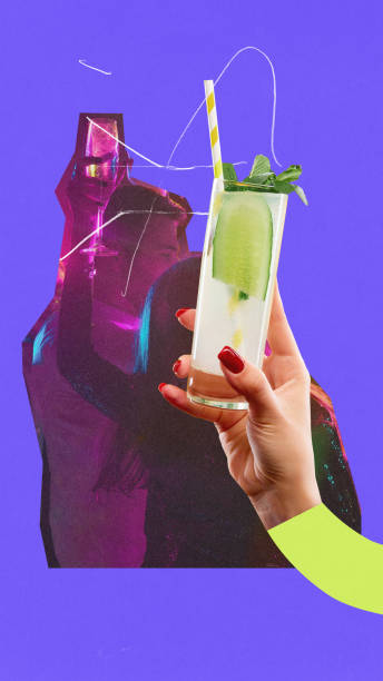 istock Modern graphic design. Long glass filled with cucumber-based drink held by hand, set against purple background with dancing silhouettes. 2193063285