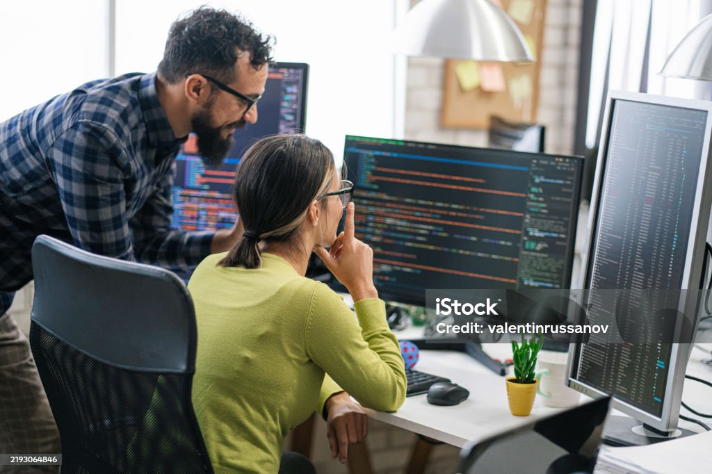Couple Software Engineer Developer Use Computer Work On Program Coding ...
